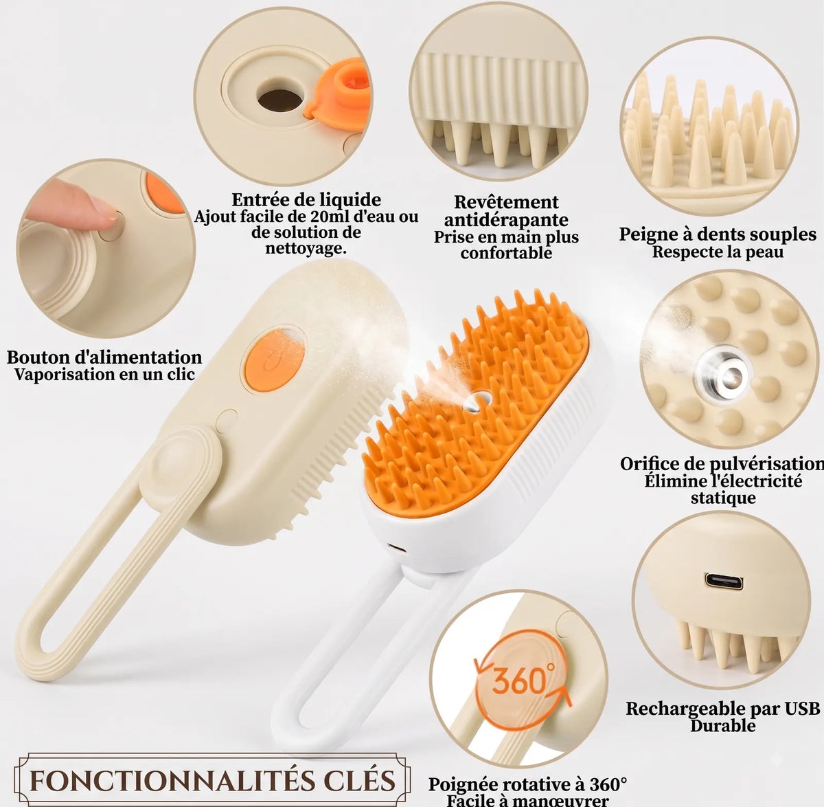 Fonctionnalités de la brosse à vapeur PureClean pour animaux